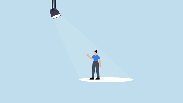 Woman in spotlight, 4k animation of exceptional entrepreneur standing in vivid spotlight.