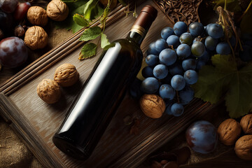 Obraz premium Bottle of red wine with fresh grapes, walnuts, and plums, autumn still life harvest on rustic wooden tray