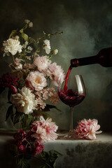 Pouring red wine into a glass, creating a luxurious and romantic still life with blooming pink and white peonies