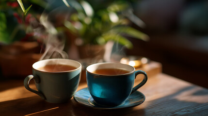 Faceless close-up of steaming tea cups on the table after goodbye, cozy warm tones and shallow depth of field, with copy space.