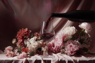 Pouring red wine into a glass, creating a romantic still life with delicate pink and white peonies and dahlias