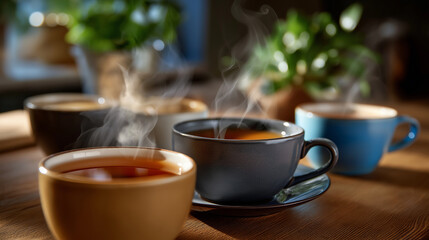 Faceless close-up of steaming tea cups on the table after goodbye, cozy warm tones and shallow depth of field, with copy space.