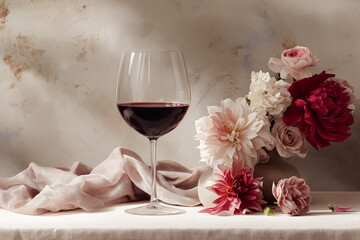 Still life composition with a glass of red wine, elegant flower bouquet, and soft textile for romantic concepts