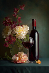 Romantic still life with red wine bottle, glass, and a bouquet of white peonies and pink flowers displaying elegance