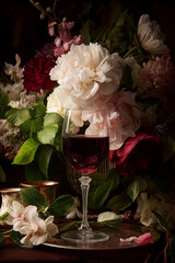 Still life with red wine glass, blooming peonies, and dark floral bouquet composition on a table