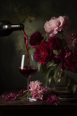 Pouring red wine into a glass, creating a beautiful still life with dark peonies and a romantic, elegant atmosphere