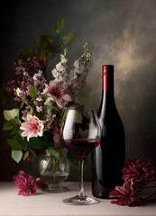 Red wine pouring from a bottle into a glass, creating a still life with a blooming bouquet of flowers on a table