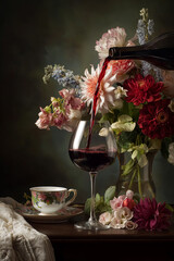 Red wine pouring into a full glass on a dark moody background, a still life with flowers and elegant teacup