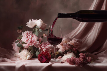 Pouring red wine into a glass, creating a splash, adorned with pink peonies, dark moody still life concept