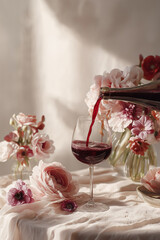 Pouring red wine into a glass on a table with romantic flowers, celebrating special moments with rich liquid