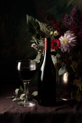 Red wine bottle and glass on dark textile, still life with rustic flowers, chiaroscuro lighting, romance concept