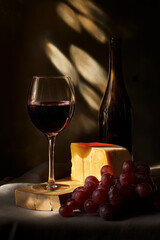 Savoring red wine and cheese with grapes, creating a delicious still life in dramatic chiaroscuro lighting