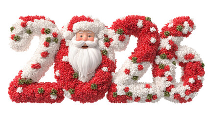 3D rendering of a large number "2026" made of red and white flowers with Santa Claus inside the numbers, created using floral vines and leaves, with bright, vibrant colors and a centered composition.

