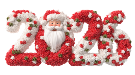 3D rendering of a large number "2026" made of red and white flowers with Santa Claus inside the numbers, created using floral vines and leaves, with bright, vibrant colors and a centered composition.
