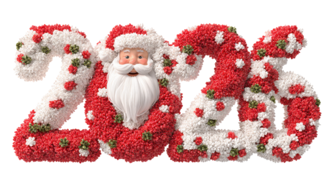 3D rendering of a large number "2026" made of red and white flowers with Santa Claus inside the numbers, created using floral vines and leaves, with bright, vibrant colors and a centered composition.
 - Powered by Adobe