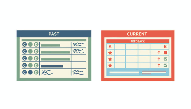 A sidebyside comparison of past and current digital report cards highlighting changes in grades and feedback over time.