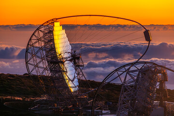 Scenic sunset view of the astronomical observatory near the Caldera de Taburiente National Park on...