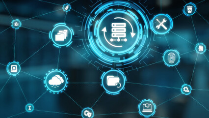 Fototapeta premium Data recovery icons show backup, data recovery process, and secure restoration. Data recovery ensures system reliability, data recovery protection, and information access. Gist