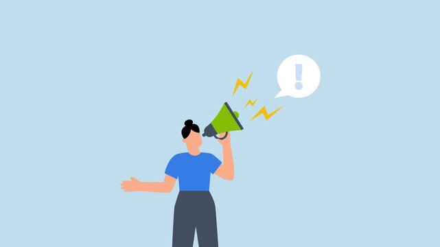 Attention announcement, 4k animation of confident entrepreneur speaking through megaphone with enthusiasm, calling for attention.