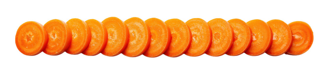 A row of carrot slices stacked, with vibrant orange color, against a transparent background 