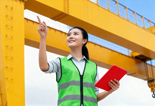 Confident female engineer working with a tablet at an industrial site. Young Asian supervisor in a safety vest pointing up at a large yellow crane