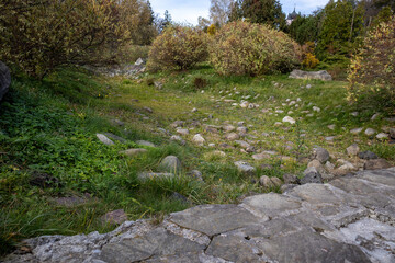 Dry stone creek bed in autumn parkland