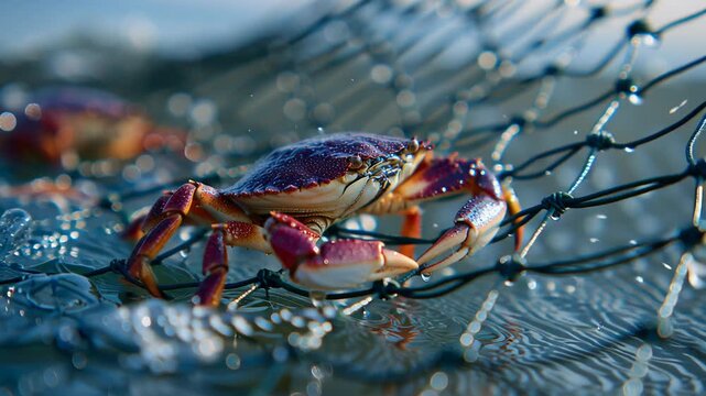 4k video of crabs sitting on the hoop nets.