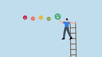 Customer satisfaction, 4k animation of young man ascends ladder to provide enthusiastic smile feedback rating. - Powered by Adobe