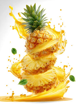 Golden pineapple rings and chunks twist through space with a swirl of tropical juice splashes