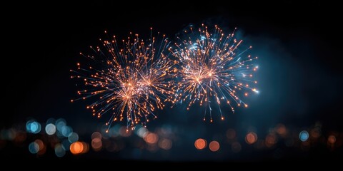 Explosive, bursting fireworks ignite the dark night sky