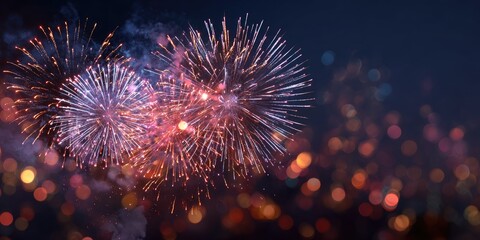 Fireworks bloom in night sky, blurred city lights below