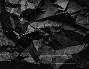 Abstract dark crumpled paper texture with dramatic lighting and subtle white lines