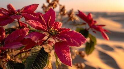 Poinsettia flower with golden sand dunes and desert sunset behind