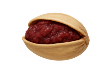 Pistachio shell holding a dollop of vibrant red jam, blending earthy nuttiness with fruity sweetness. Transparent background