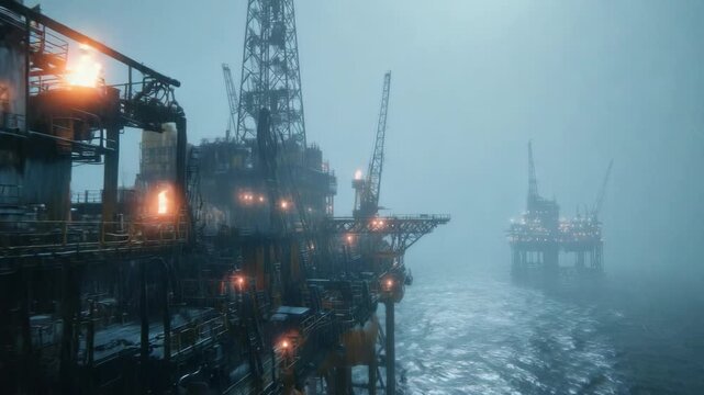 Offshore oil rigs in a stormy sea under a heavy downpour