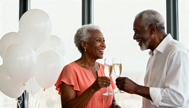 Happy senior African American couple celebrating with champagne. Elderly man and woman toasting for an anniversary. Loving mature partners smiling together at a party - Powered by Adobe