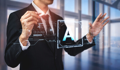 A futuristic user interface for business intelligence. This advanced AI dashboard displays complex data analysis, charts, and graphs for strategic corporate insights. Fermion