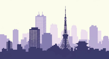 Flat vector skyline of Tokyo featuring modern skyscrapers and slim tower silhouette. Solid colors, clean geometric shapes, no gradients. Ideal for travel concepts and digital editorial use