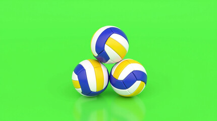 Three volleyballs in triangular formation on green background, colorful sports gear visual for teamwork, athletic training, game strategy and fitness themes