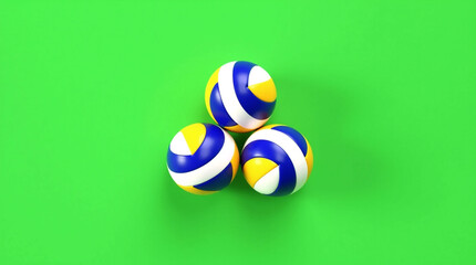 Three volleyballs in triangular formation on green background, colorful sports gear visual for teamwork, athletic training, game strategy and fitness themes