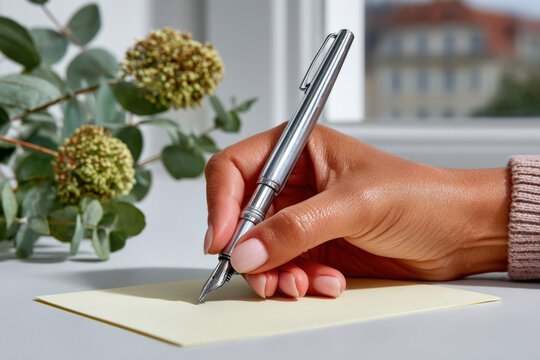Elegant hand of a woman holding a silver fountain pen poised over a blank yellow note card, surrounded by greenery, creating a serene writing atmosphere with natural light