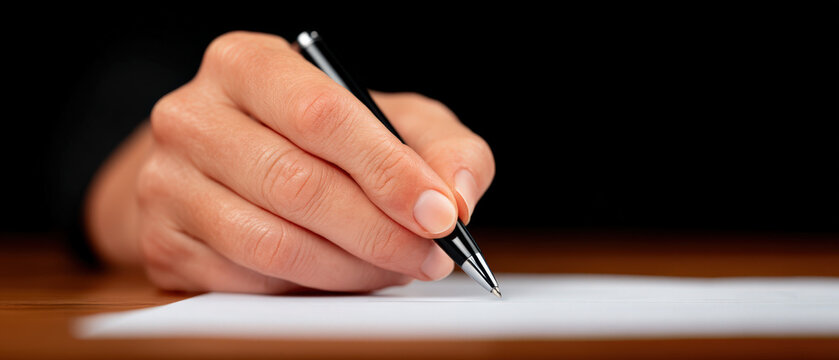 Hand holding a sleek black pen poised above a blank sheet of paper on a wooden desk, capturing the essence of creativity and inspiration in a writing moment