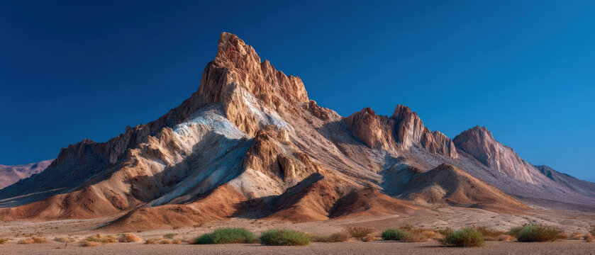 Majestic mountain range with rugged peaks and vibrant colors, showcasing the beauty of nature under a clear blue sky, inviting exploration and adventure in the wilderness