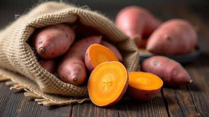 Sweet potatoes in burlap sack on rustic wood surface, natural food visual for healthy eating, organic produce, farm-to-table nutrition and culinary freshness