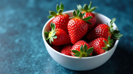 Fresh strawberries in white bowl on dark blue surface, vibrant fruit visual for healthy eating, nutrition, food styling, organic produce and culinary freshness
