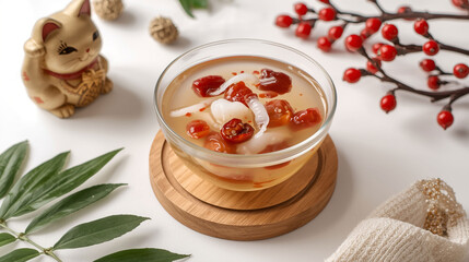 Asian dessert with red dates and goji berries in glass bowl, traditional sweet soup visual for wellness, culture, health benefits and elegant food presentation