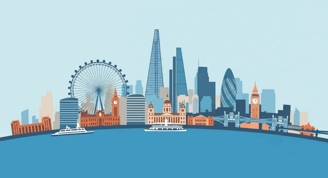 Flat vector skyline of London with balanced mix of modern buildings and wheel-shaped silhouette on riverside layout. Solid color blocks, no gradient. Ideal for travel branding and editorial visuals