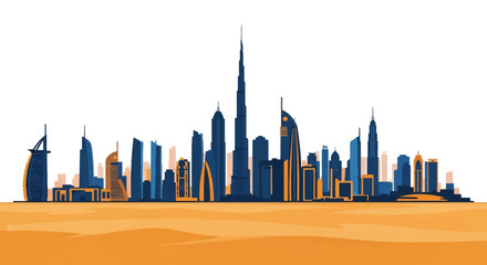 Flat vector skyline of Dubai featuring futuristic tall skyscrapers in sharp vertical shapes. Solid warm palette, no gradients. Designed for travel advertising, branding visuals, and posters