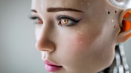 Close-up of a futuristic android with striking eyes and a serene expression - Powered by Adobe