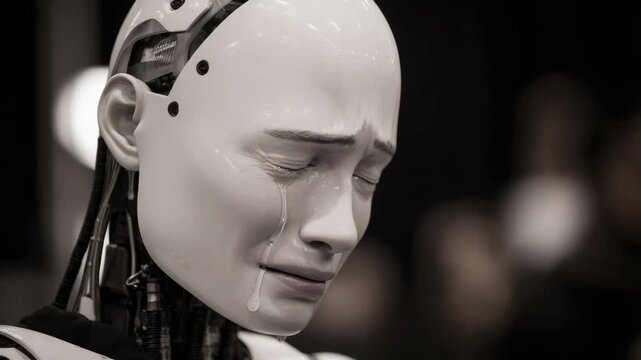 A grayscale image of a robot's face with tears, expressing sadness and emotion